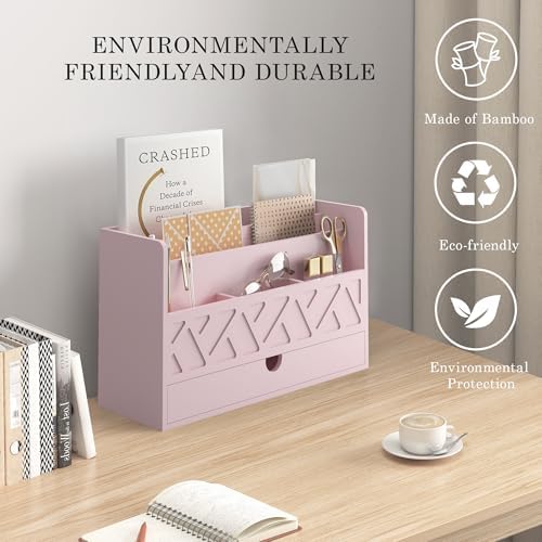 Wisuce Bamboo Mail Organizer with Drawer, Countertop Desk Organizer (Pink) - Image 5