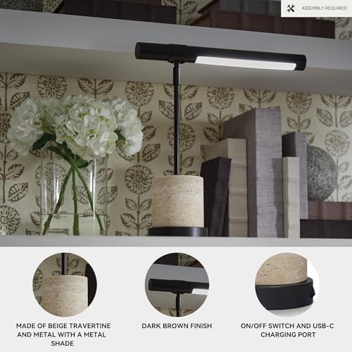 Signature Design by Ashley Vinmour Desk Lamp with USB-C Port, Adjustable Height Metal Task Light, Beige Travertine Stone Base, Contemporary Lighting for Home Office Workspaces, Brown/Beige - Image 3