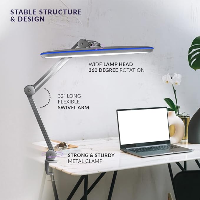 Neatfi XL 2,200 Lumens LED Task Lamp, 24W, 117 SMD LEDs, 23-Inch Ultra-Wide, 4 Brightness Levels, 3 Light Modes, Dimmable, Eye-Caring, Glare-Free (CCT with Clamp, Silver)