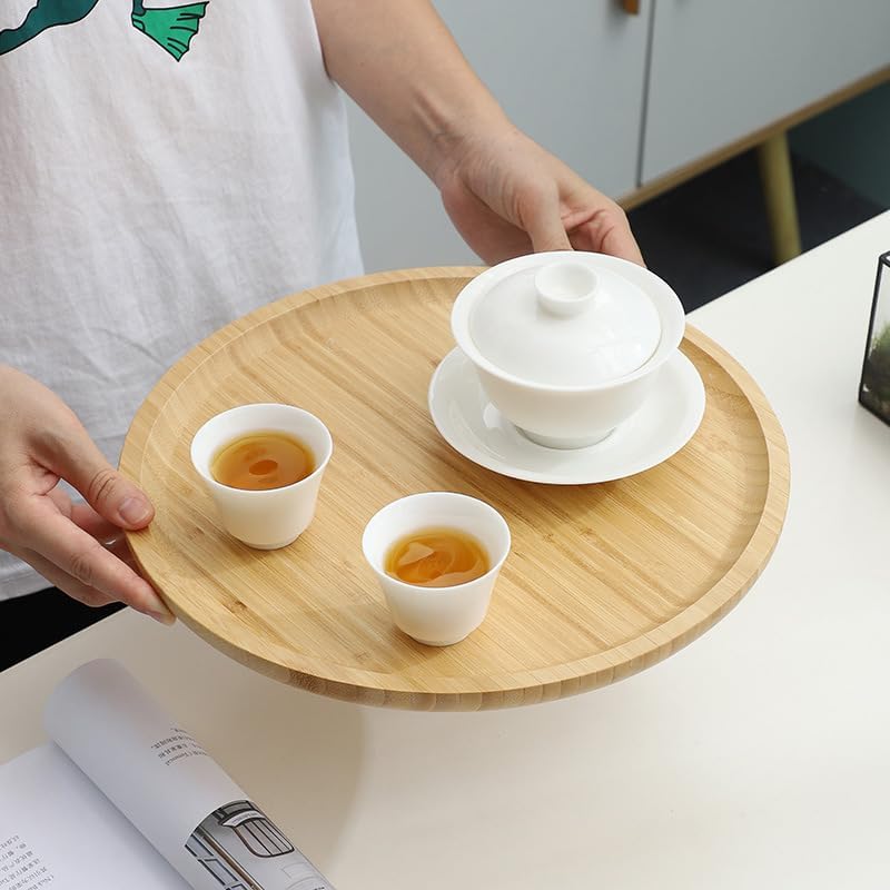 Round Bamboo Tray, Wood Serving Tray, Wooden Platter, Wood Charcuterie Board, Decorative Tray for Coffee Table,13.8 inch - Image 5