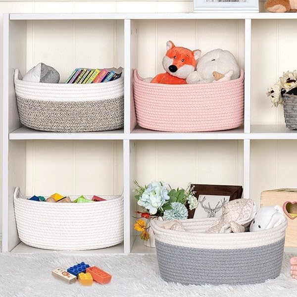 Woven Cotton Rope Storage Basket with Handle, Round Home Storage Basket for Home Organization and Gift Organizer, Home Organizer, Bedroom, Living Room, 12 x 8 x 5 Inch (Off White) - Image 3