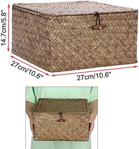 Hipiwe Seagrass Wicker Storage Basket with Lid, Coffee Large 10.6x10.6x5.8" - Image 6