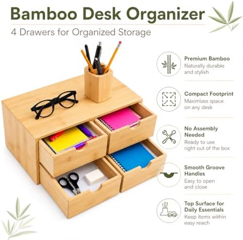 Bamboo Desk Organizer with Drawers, 4-Drawer Wooden Desk Organizer - Image 2
