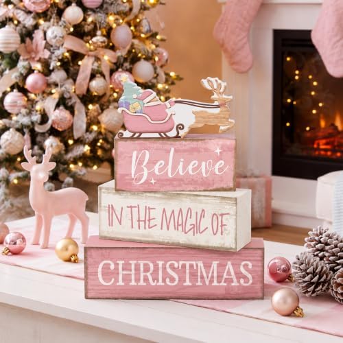 Moucuny 4 Pcs Christmas Table Decoration Pink Santa Sleigh Stacked Wooden Sign Decor Christmas Tiered Tray Decor Decorative Santa Claus Elk Block Sign Gift Farmhouse Xmas Centerpiece for Home Kitchen - Image 4
