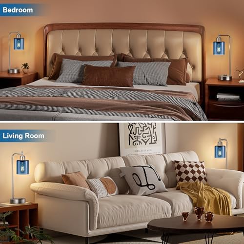 Innqoo Industrial Blue Table Lamps for Bedrooms Set of 2-3-Way Dimmable Desk Lamp with USB C+A Ports and Outlet, Nickel Lamps with Green Glass Shade for Living Room - Image 5