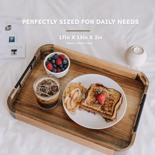 Upper Acacia Wood Ottoman Tray 17x13 Inches with Handles, Decorative Serving Tray for Coffee Table, Breakfast Tray with Anti-Skid Pads (Black Handle 01) - Image 4