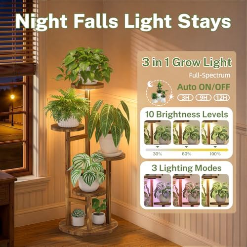 iDavosic.ly 4 Tier Wood Plant Stand Indoor Corner with Grow Light, Brown - Image 3