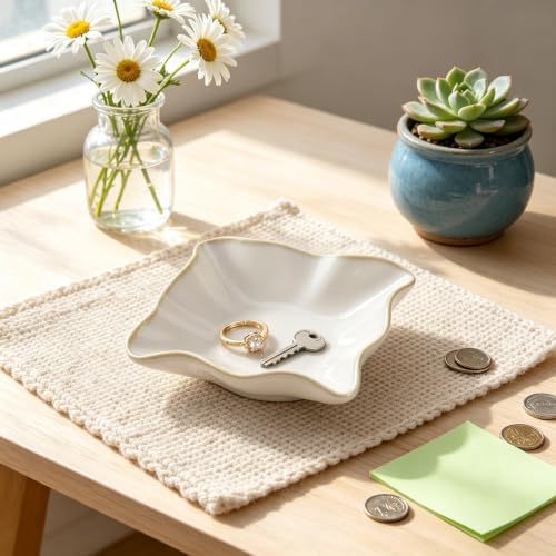 HOME SMILE Ceramic Ring Dish White Wavy Square,Trinket Jewelry Ring Holder Jewelry Tray Cute Vanity Organizer Aesthetic Nightstand Bathroom Room Decor - Image 4