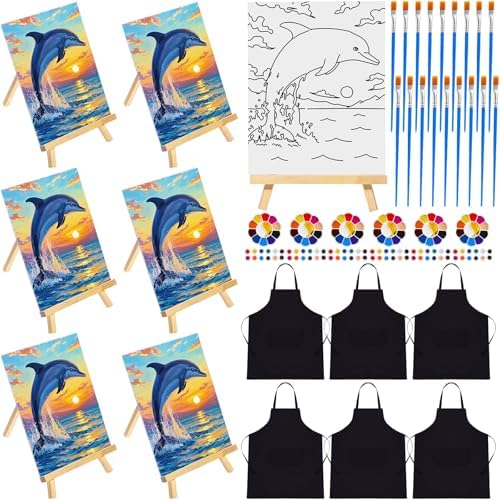 Motipuns 6 Set Pre Drawn Canvas for Painting for Adults Sip and Paint Kit with Easels 8 x 10 Inches Paint Party Kit with Printed Canvas Paints Brushes Palette Apron(Sunset Dolphin) by Motipuns