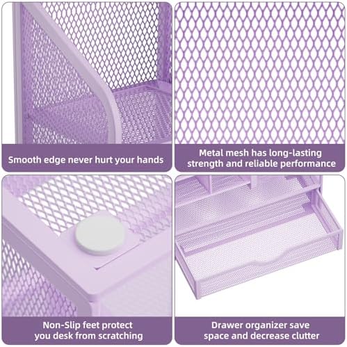 Marbrasse Mesh Pen Holder for Desk, Multi-Functional Pencil Organizer with Drawer, Desk Organizers and Accessories for Office Art Supplies (Purple) - Image 6