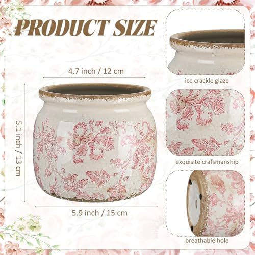 5.9'' Vintage Ceramic Planter, Ice Crack Glaze Pink Floral Pot - Image 2