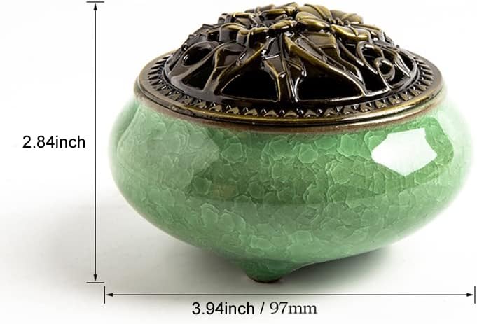 Colorful Ceramic Ice Cracked Incense Burner, Household Incense Holder, Zen Buddha Cone Coil Stick Incense Base with Cover (Green) - Image 7