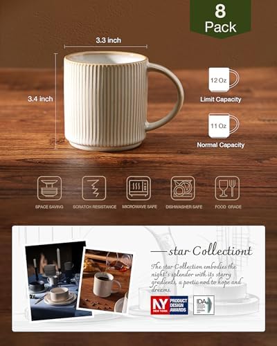 famiware Coffee Mug Set of 8, Star 12 oz Ceramic Mugs Cups Set with Handle - Image 3