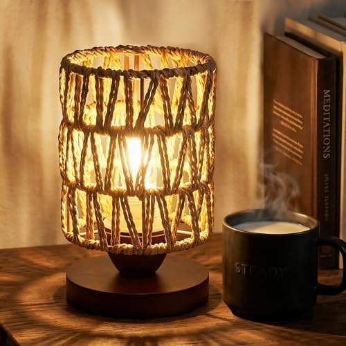 Rattan Small Bedside Table Lamp for Bedroom,Handmade Boho Desk Lamp for Small Spaces,Vintage Wicker Wooden Nightstand Farmhouse Bamboo Woven End Table Lamps for Living Room Kids Room,Bulb Included by Unknown