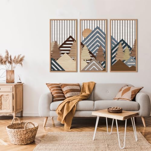 IARTTOP Large Mountain Wood Wall Art 16"x32"x3 Abstract Forest Wall Sculpture Geometric Boho Sunset Wilderness Artwork for Bedroom Living Room Office - Image 2