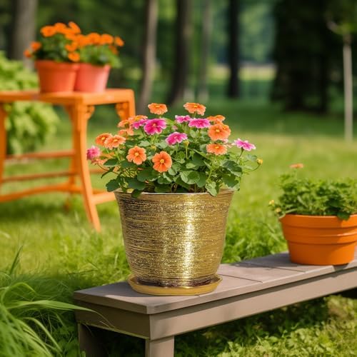 Ceramic Planter - 10 Inch Plant Pot with Drainage Hole and Saucer, Round Flower Pots for Indoor Outdoor, Large Modern Decorative Planter, Garden Room Home Decor, Gifts for Plant Lover, Gold - Image 5