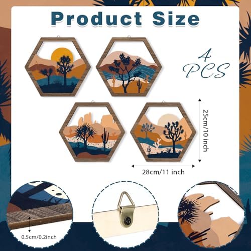 HPNIUB 4 Pcs Boho Mountains Scenery Wall Art Decor, Farmhouse Abstract Sunrise Trees Desert Cactus Hanging Wood Sign for Living Room, Aesthetic Bohemian Botanical Wooden Plaque for Apartment Bedroom(11''x9.8'') - Image 2