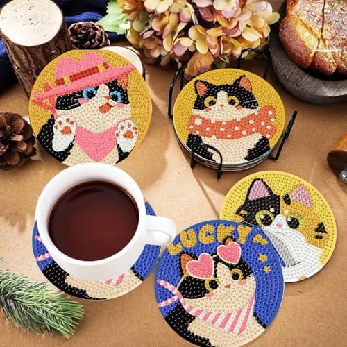 TCDZMYGS 8 Pcs Diamond Art Coasters Kit, Cute Cat Diamond Painting Coasters Kits for Adults, 5D Full Drill Diamond Dot Gem Art Craft Kit with Holder, Fun DIY Non Slip Coaster for Home Decor - Image 2