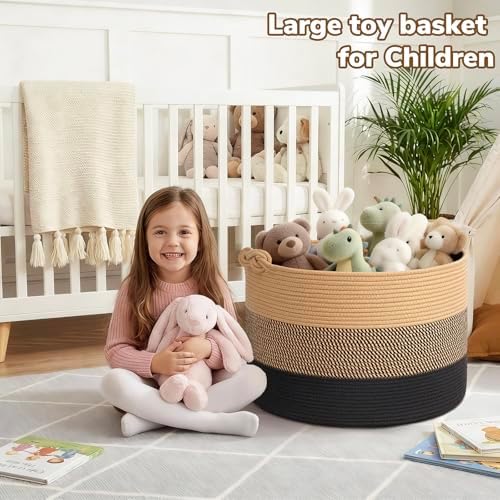 CherryNow 22"x22"x14" Large Blanket Basket, Home Décor for Living Room Bedroom, Decorative Wicker Woven Basket for Clothes, Toy Storage Basket for Kids, Camel Mix & Black - Image 3