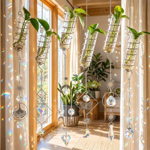 6Pcs Wall Hanging Glass Propagation Station with Crystal Planter Suncatcher by HDHYALINEDORA