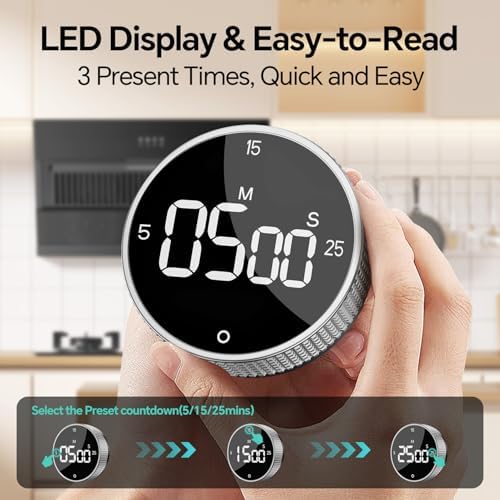 Digital Kitchen Timer with Magnetic, Large LED Display Countdown/Countup Timer, Pomodoro Preset 5/15/25 Mins, Volume & Brightness Adjustable for Cooking Baking Working Studying Silver - Image 3