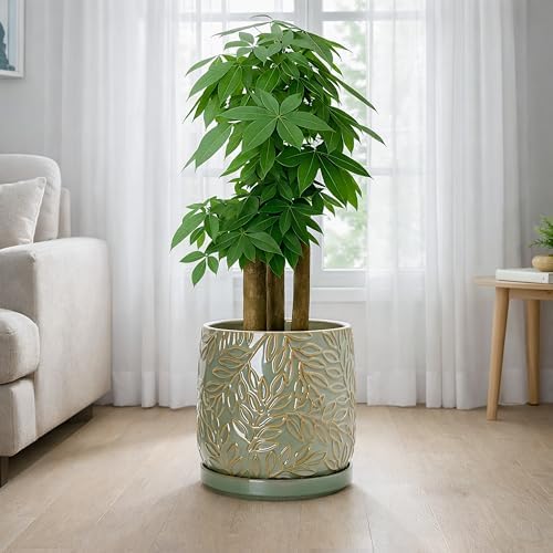 D'vine Dev Embossed Leaves Ceramic Planter, 10 in, Olive, 27-A-P-0 - Image 5