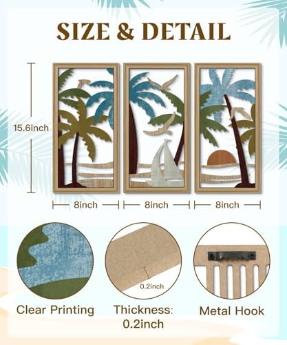 Putuo Decor Palm Tree Wall Decor Set of 3, Coastal Wall Decor, Boho Wall Art, Beach Themed Wooden Wall Plaque for Living Room Bedroom Bathroom - Image 2