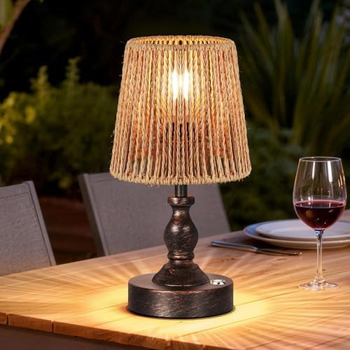 PARTPHONER Mini Cordless LED Table Lamp, 5200mAh Rechargeable Battery Operated Lamp, 3-Level Brightness, Touch Dimmable Desk Lamp, Bedside Night Light with Rattan Shade, Oil Rubbed Bronze by PARTPHONER