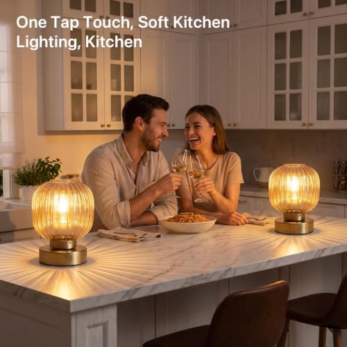 Elenhome Amber Touch Glass Table Lamp Set of 2, 3-Way Dimmable Bedside Lamps, Vintage Mid-Century Modern Nightstand Lamps for Bedroom and Living Room, Ambient Mood Lighting, LED Bulb Included - Image 6