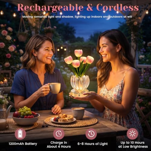 Flower Table Lamp, 3 Color Tulip Night Light, Rechargeable Cordless Touch Dimming Artificial Flower Light, LED Flower with Glass Vase Lamp for Girls Women Mom (Pink Tulip) - Image 5