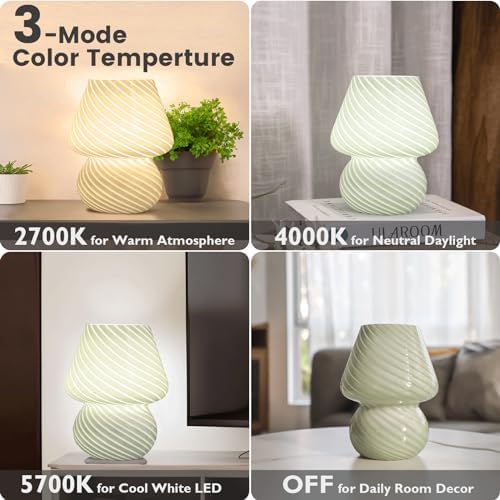 ULAROOM USB Plug-in Mushroom Lamp Small Bedside Table Lamp with 3 Temperature LED Bulb,Free Dimming Nights Light for Bedroom/Living Room/Entryway/Corner Decor (Stripe Green) - Image 3