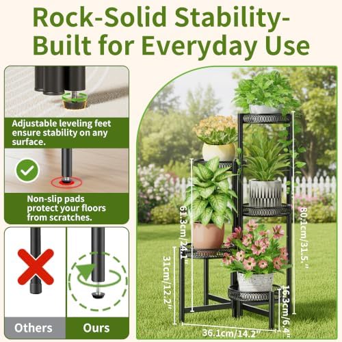 Plant Stand Indoor Outdoor, 5 Tier Corner Metal Flower Display Holder Stand, Folding Tall Plant Rack for Patio Balcony Porch Garden Living Room House, Heavy Duty Wrought Iron Plant Shelf - BlackFlower - Image 3