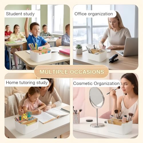 Cozary Bamboo Desk Organiser, Office Organiser with 5 Compartments, Pen Holder Desk for Office, Home and School, Desk Organiser Compact (18.2 x 14.6 x 9.3 cm) - Image 3