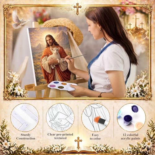 8 Sets 8" x 10" Jesus Pre Drawn Canvas to Paint for Sip and Paint Party Jesus Predrawn Coloring Set Pre Sketched Canvas Boards with Paints and Brushes for Adult - Image 3
