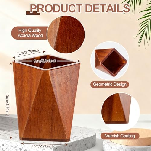 Henoyso 2 Pcs Acacia Wood Geometric Pen Holder Pencil Cup Office Desk - Image 2