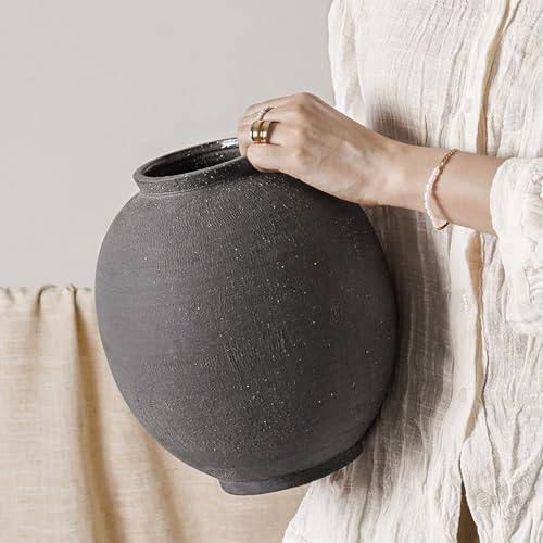 Large Blak Ceramic Vase - 9.8 Inch Rustic Farmhouse Flower Vase for Home Decor, Minimalist Tall Vases for Living Room, Table, Bathroom, Holiday & Weddings,Sandstone Dark Grey by LETAUCIGARDEN