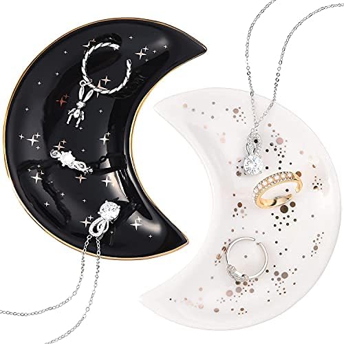 Patelai 2 Pieces Moon Trinket Tray Jewelry Plate Trinket Dish Tray Ring Ceramics Jewelry Dish Gifts for Rings, Earrings, Bracelets, Necklaces, Crystals Stones(White, Black) by Patelai