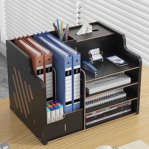 Bamboo Desk Organizer, Desktop Wood Bookshelf File Organizer, Pen Holder and Tissue Holder, 1 Drawer with lock for Office, Home, Need to Install (Light black) - Image 6
