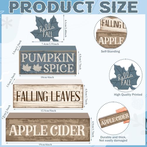 Moucuny 4 Pcs Fall Table Decoration Rustic Blue Maple Leaf Wooden Blocks - Image 3