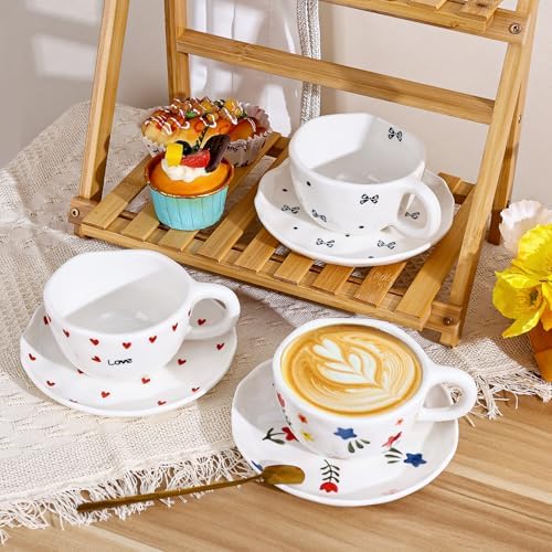 Koythin 8.5oz Handmade Ceramic Mug With Saucer, Black Small Bow Latte Cup - Image 6
