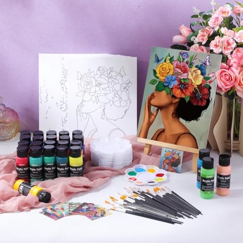 Ctosree 12 Set Paint and Sip Kit for Adults 8"x 10" Pre Drawn Canvas for Painting DlY Acrylic Paint Set with Brushes, 24 Colors(60ml, 2oz) for Date Night Party Supplies - Image 2