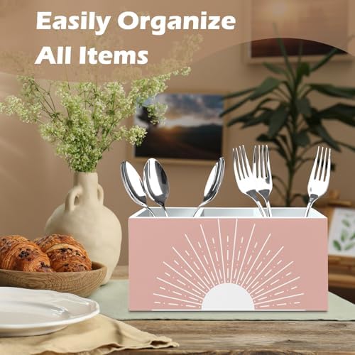 DILSJ Pink Boho Abstract Sunshine Pen Pencil Holder Organizer for Desk, Boho Office Decor, Pink Mid Century Modern Minimalist Sun Sunshine Wooden Box Signs for Home Office Desk Tabletop Decoration - Image 3