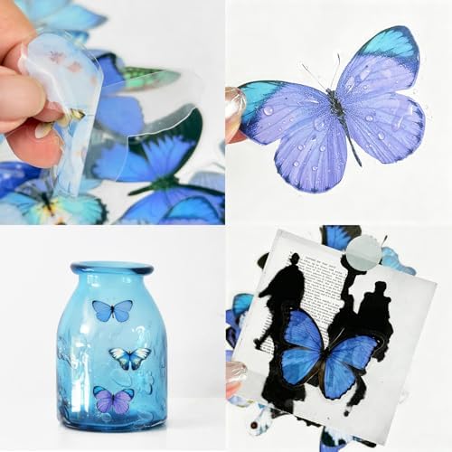 40Pcs Vintage Stickers,Waterproof Transparent PET Aesthetic Decorative Sticker Scrapbooking Supplies for Adult Card Making Letters Planner Junk Journal Water Bottles Art Craft.Blue Butterfly - Image 4