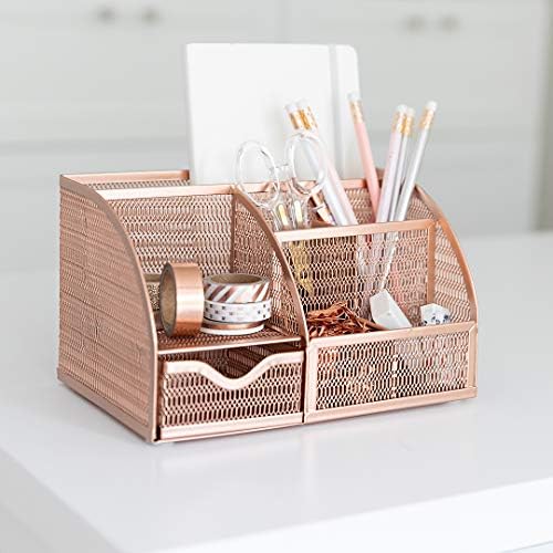 BLU MONACO Rose Gold Mesh Metal Desk Organizer with Drawer – 6 Compartments for Office Supplies & Accessories - Image 4