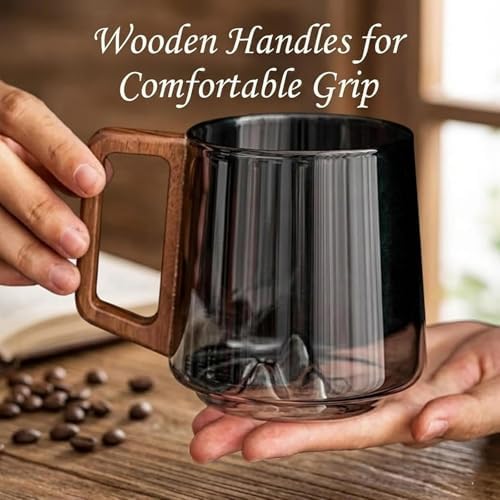Gray Glass Slanted Coffee Cups with Wooden Handle, 15.2oz Wonder Mountain Bottom Wood Handle Cup, Hot & Cold Drinks Vintage Style Wood Handle Mug for Coffee& Tea Lovers(Clear,2pcs) - Image 2