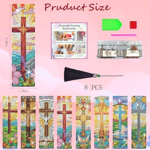 8PCS Diamond Painting Art Bookmarks,Cute Acrylic Bookmarks Crafts Kits Gifts with Pendants for Adult Women Book Lovers (cross2) - Image 4