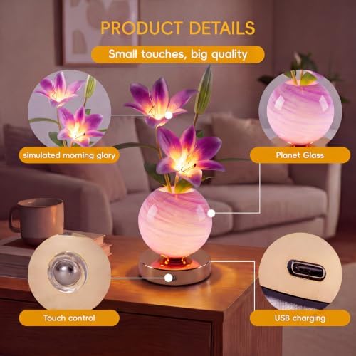 Lily Lamp – Rechargeable Wireless Touch-Control Dimmable Faux Flower Desk Light, LED Glass Planet Vase Night Light, Kitchen Bedroom Office Decor, Housewarming Gift Women and Mom - Image 5