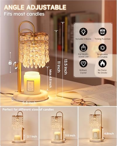 Candle Warmer Lamp with Timer Dimmer and 3 Bulbs, Candle Lamp Warmer with Marble Base for Adjustable Height, Crystal Candle Lamp for Jar Candles, House Warming Gifts Home Room Decor, Gold - Image 2