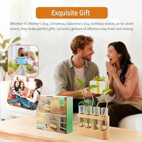 Rechargeable Plant Propagation Station with Wooden Stand,Desktop Terrarium Home Decor Dimmable LED Light 4 Glass Tubes Vases for Hydroponic Plants for Women - Image 6