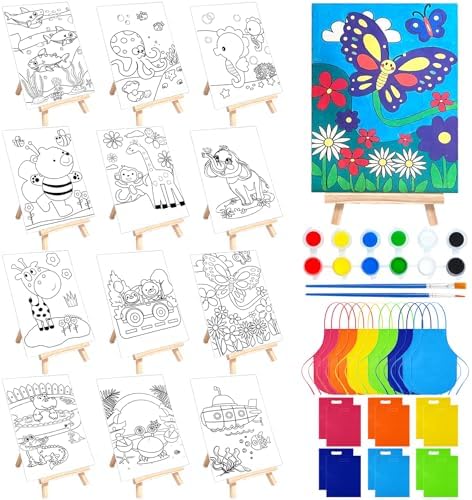 48PCS 12 Sets Printed Canvas Paint Art 12 Pcs Wooden Easel Set Paint Pots and Brushes and 12 Pre Drawn Canvas Panel 12 Pcs Mini Apron and Tote Bag for Kids(Animal) by SytuHete